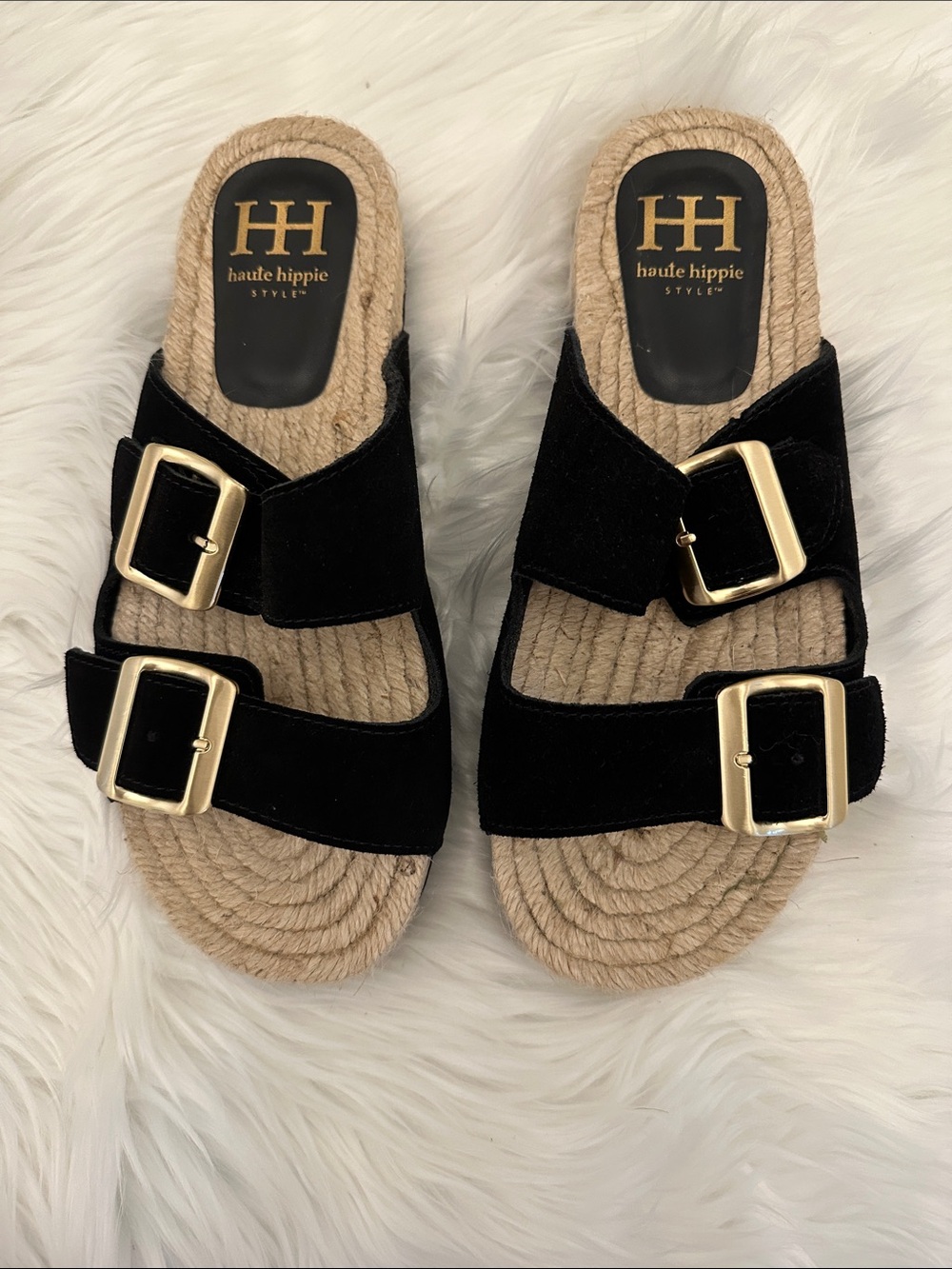 Haute Hippie Black Velvet Double Buckle Slide Sandals NWOT